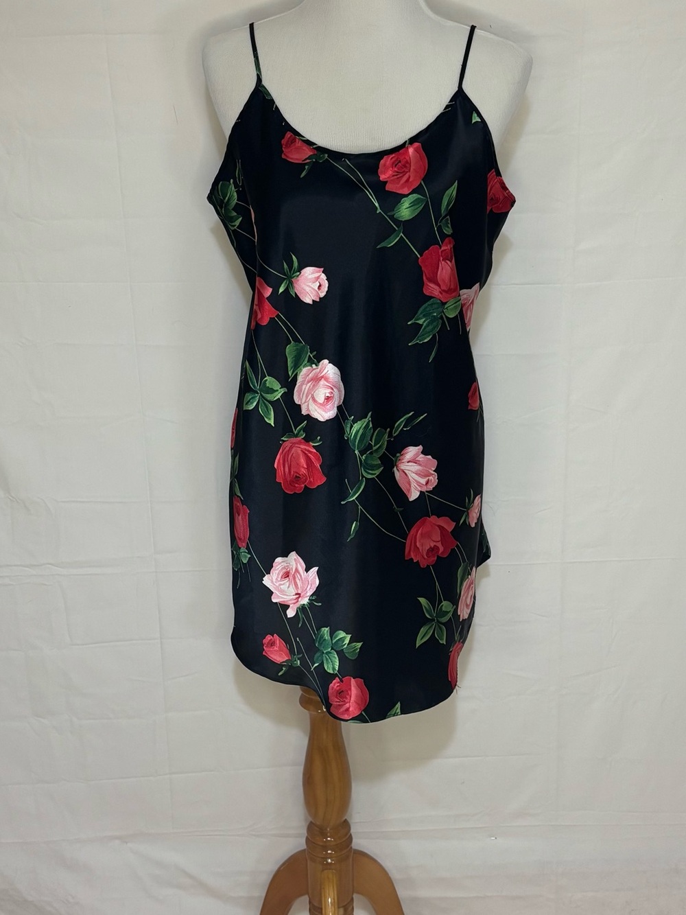 Secret Treasures Black Floral Satin Slip with Red & Pink Roses